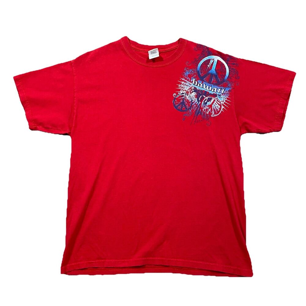 Y2K Hawaii Peace Sign Graphic T Shirt Gildan Ultra Cotton Red L